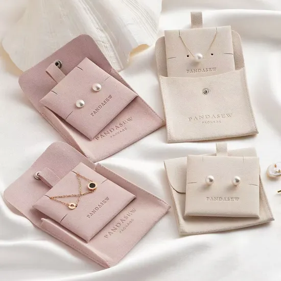 Pandasew Package Wholesale Luxurious Jewelry Package Pouch Set Microfiber Fabric Snap Button Bag with Insert Pad Tray for Earrings Necklace Custom Logo Printed 